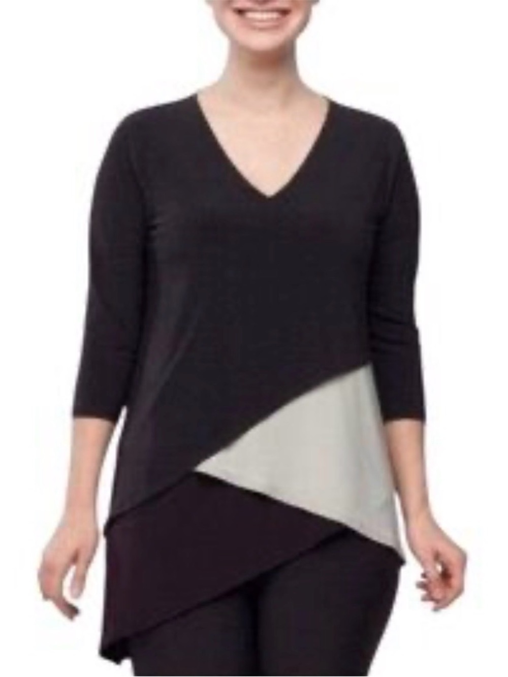 Sympli Layered V-Neck Asymmetric Hem Tunic Top - Black/Beige/Brown